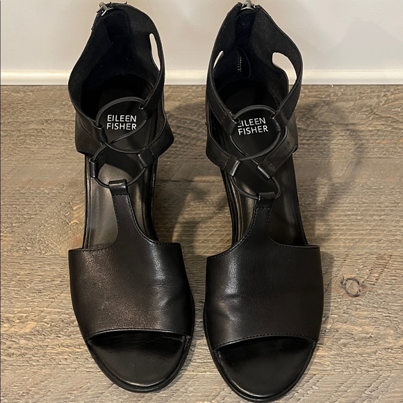 Eileen Fisher Lou Block Black Leather Vero Cucio Sandals - Size 9 - Picture 3 of 10